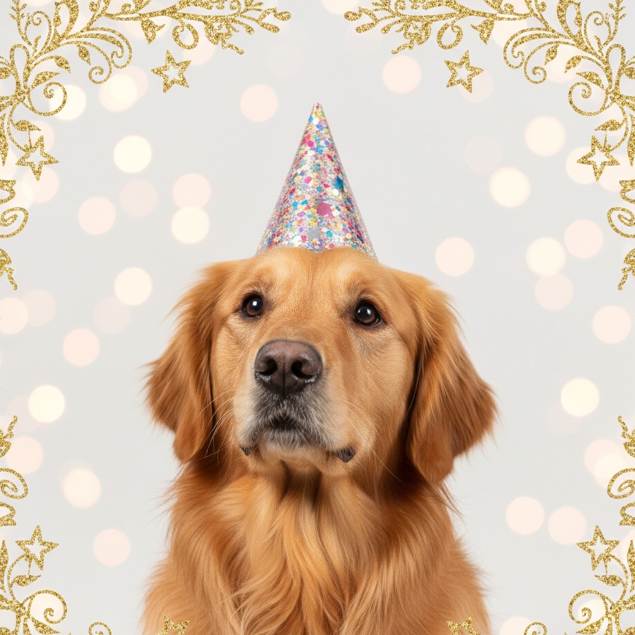 A clean pet portrait framed like a New Year photo card (no text).