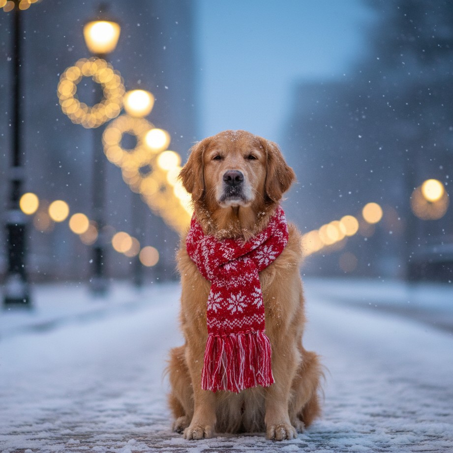 A cozy pet portrait outdoors with snowy lights and festive glow for New Year.
