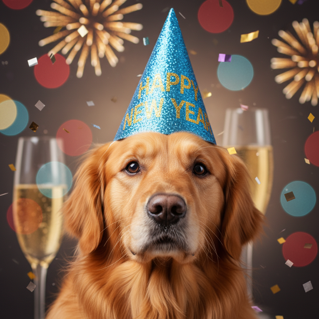 Um retrato fofo de pet usando chapéu de festa (iluminação de estúdio).