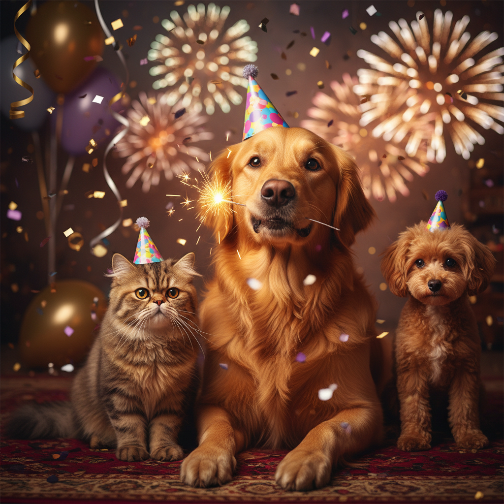 A fun pet party portrait with sparkler glow, confetti, and a fireworks vibe—perfect for New Year posts.