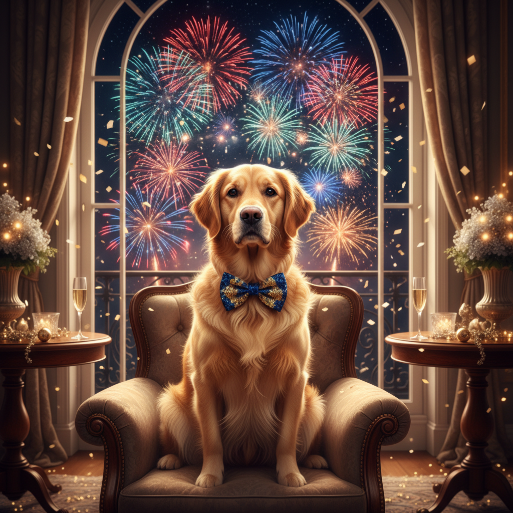 Uma cena noturna cinematográfica de Ano Novo com fogos ao fundo.