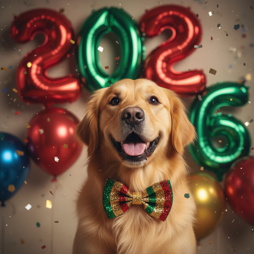 Um retrato brincalhão de pet com grandes balões 2026 e brilhos.