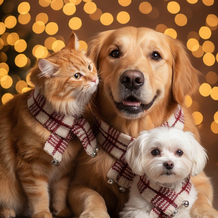 A cute multi-pet New Year portrait with matching scarves and festive bokeh lights.