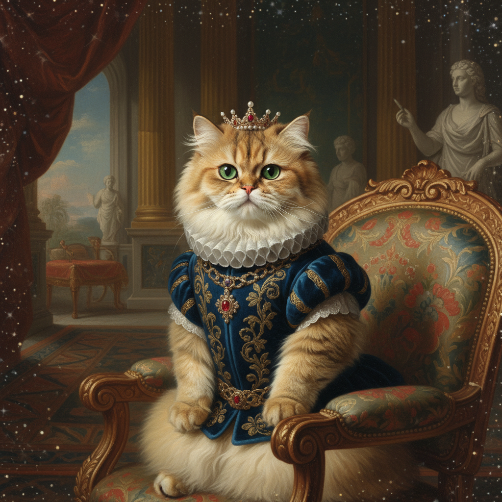 A regal royal-painting style pet portrait with premium lighting and subtle New Year sparkle bokeh.