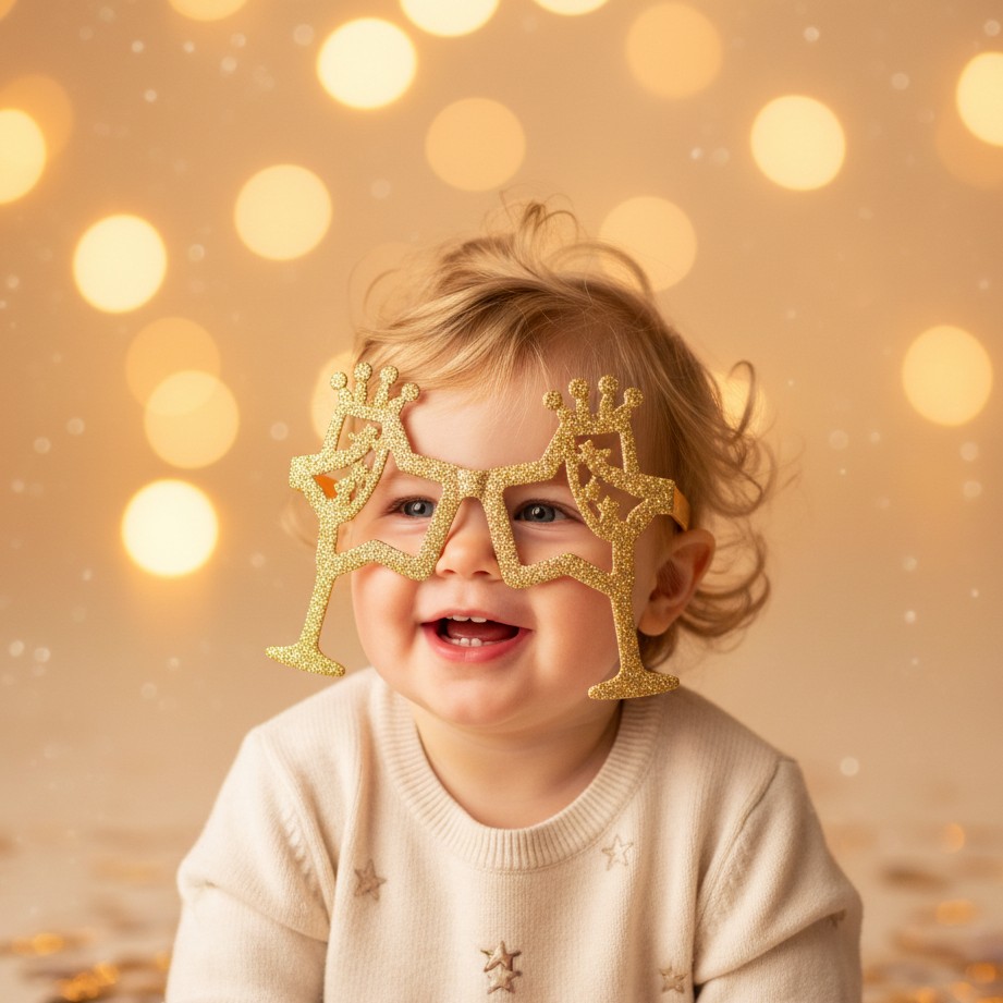 Um retrato brincalhao de crianca pequena com oculos de festa fofos e bokeh de confetes.