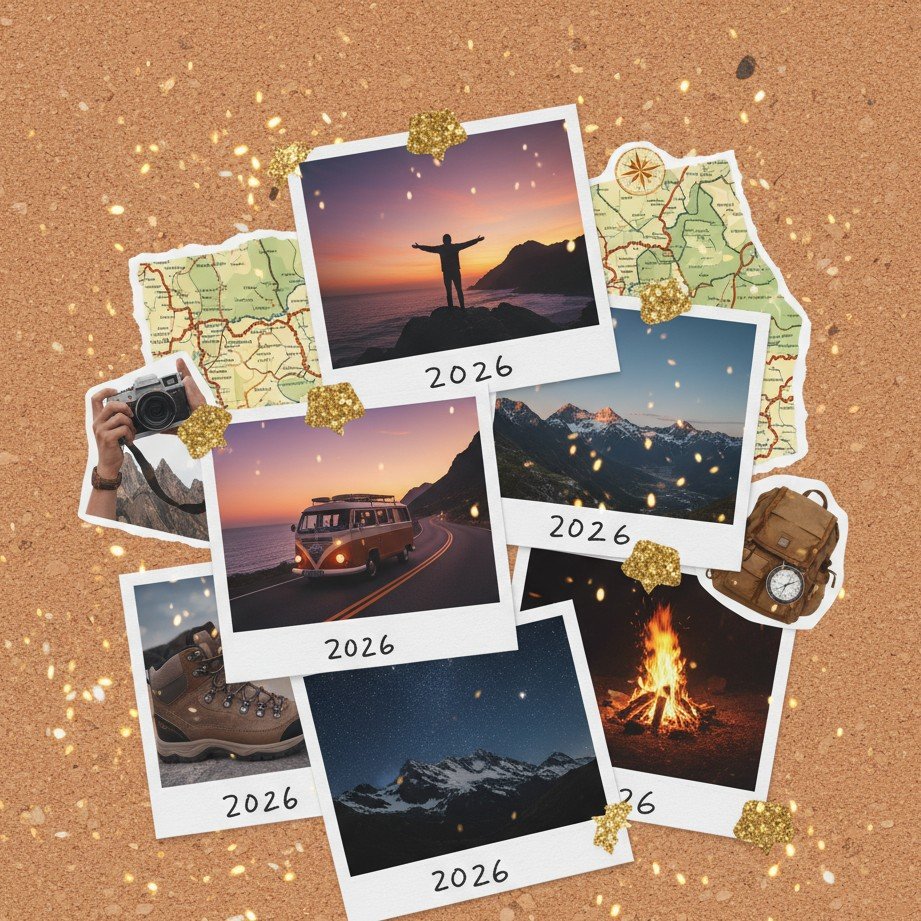 A 2026 vision board collage featuring adventure, road trips, and cinematic travel moments (no text).