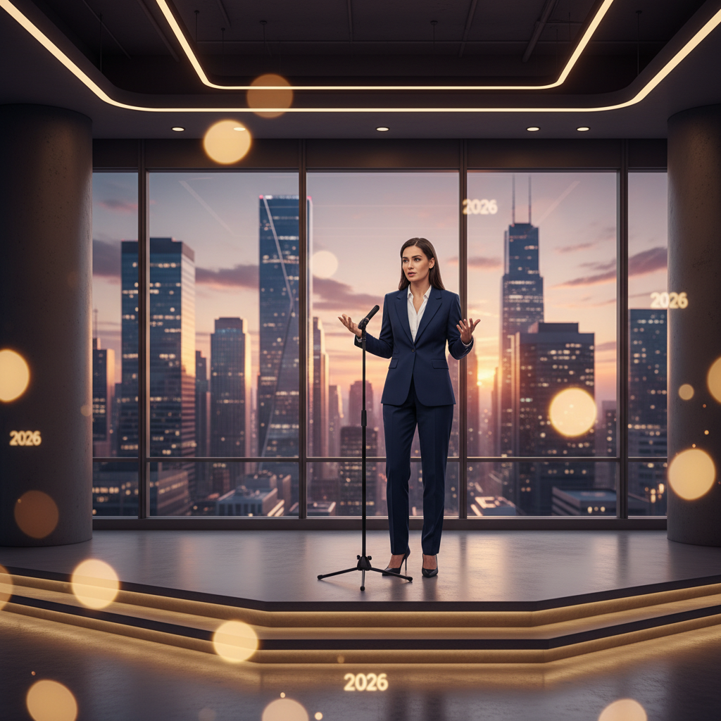 Visualize your 2026 career success - put yourself on stage or in a modern skyline office scene.