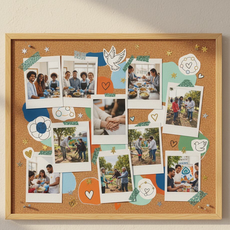 A 2026 vision board collage themed around giving back, community, and positive impact (no text).