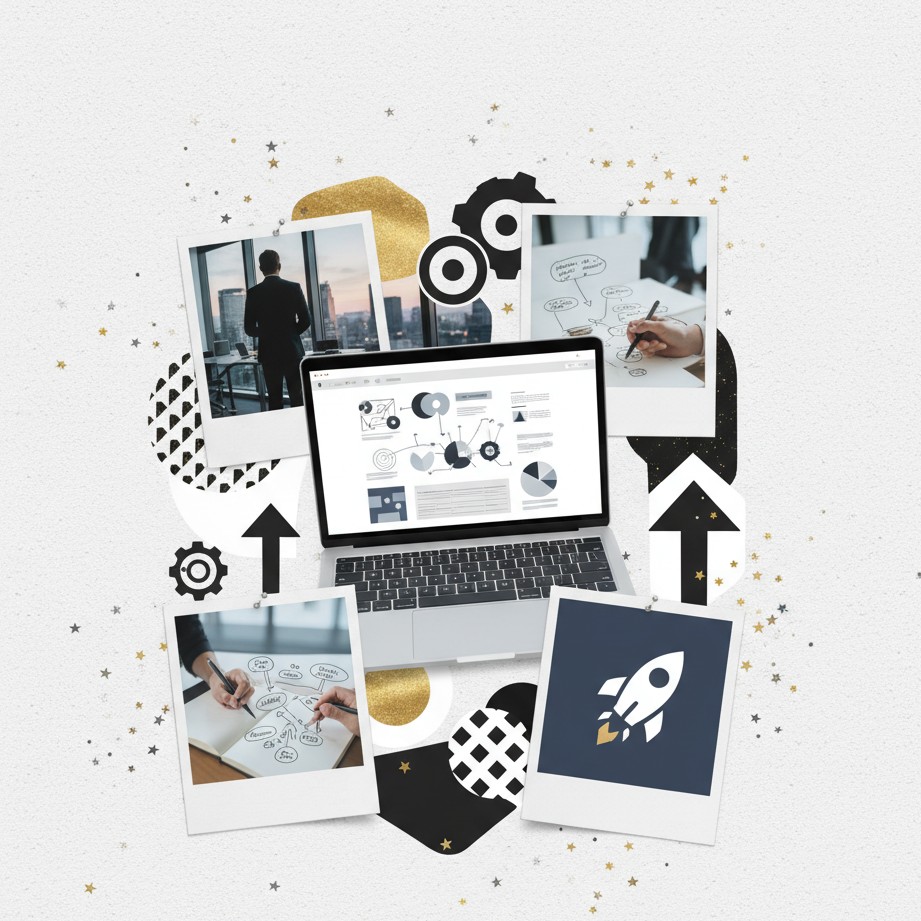 A 2026 vision board collage themed around entrepreneurship, startups, and building something big (no text).