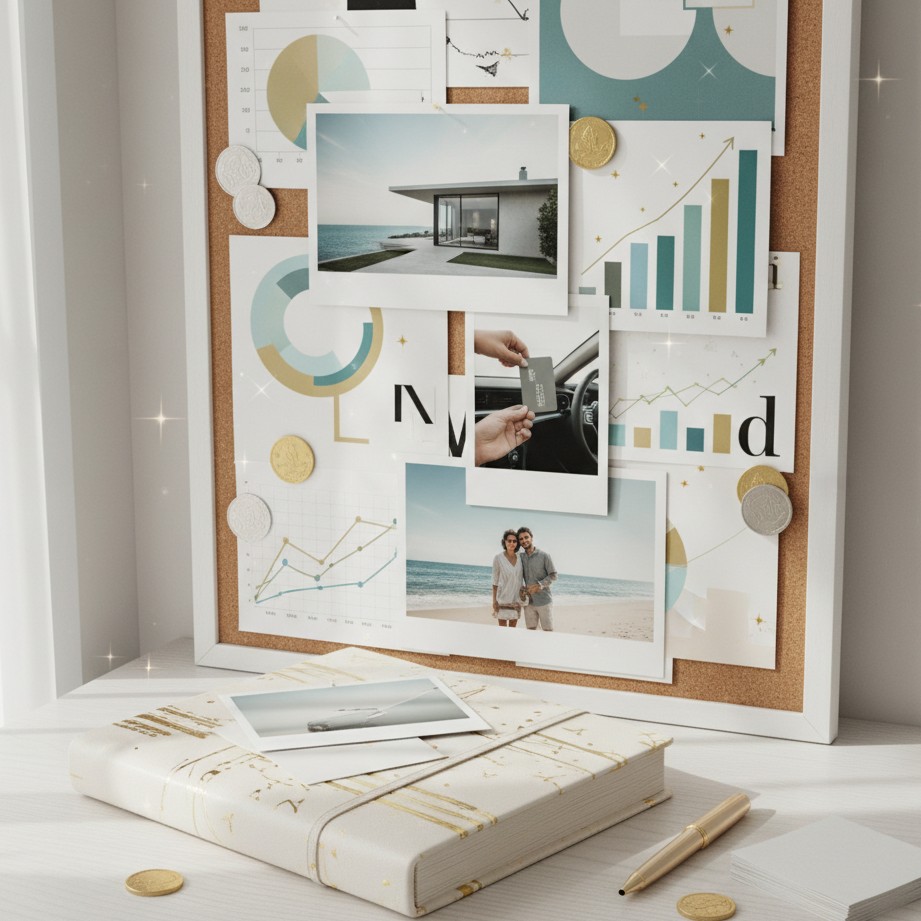 A 2026 vision board collage themed around savings, investing, and financial goals (no text).