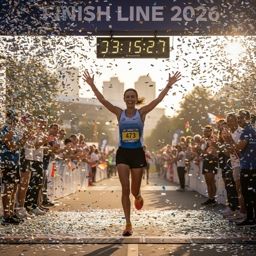 Visualize your fitness goal for 2026 - see yourself at the finish line with confetti and energy.