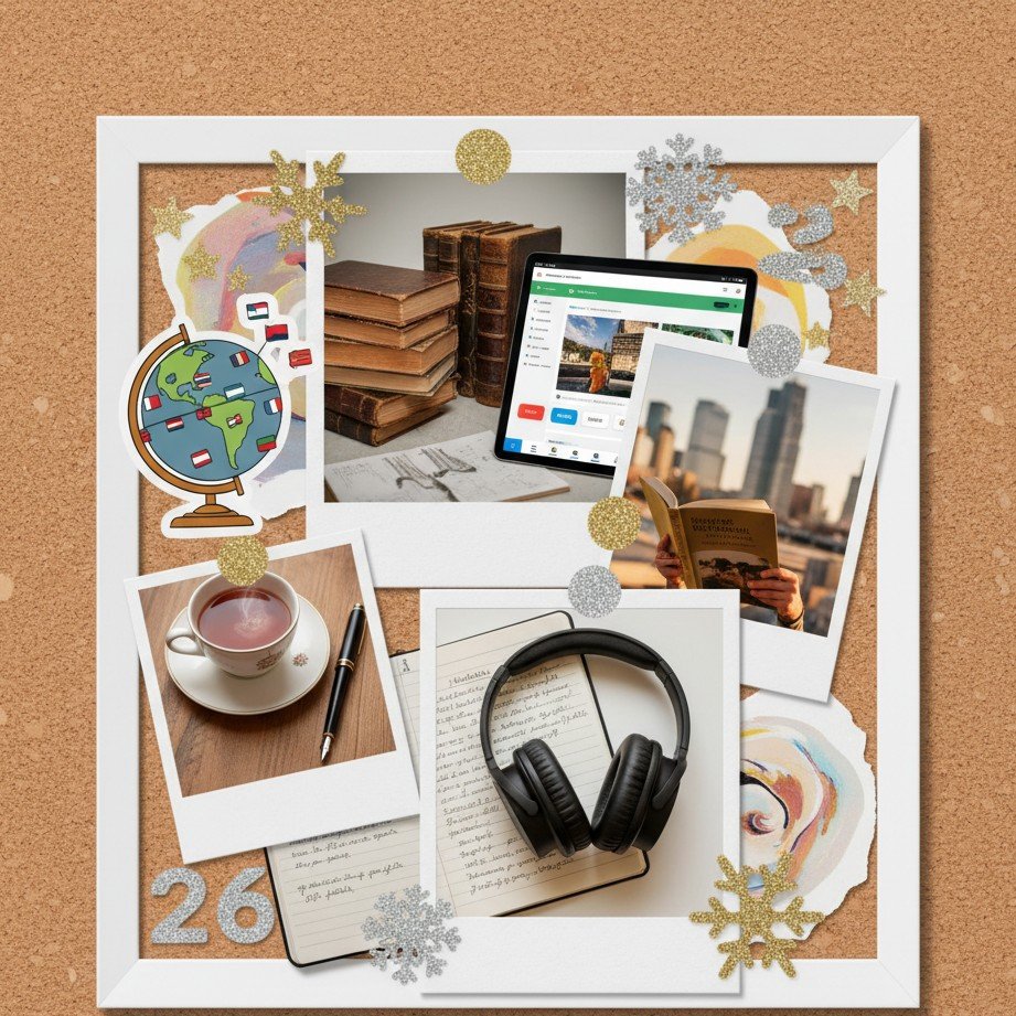 A 2026 vision board collage for learning goals like study, language, and skills (no text).