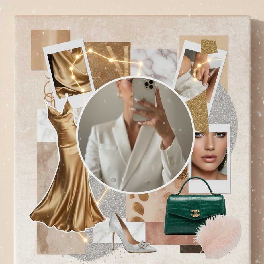 A 2026 vision board collage for style, glow up, and confidence goals (no text).