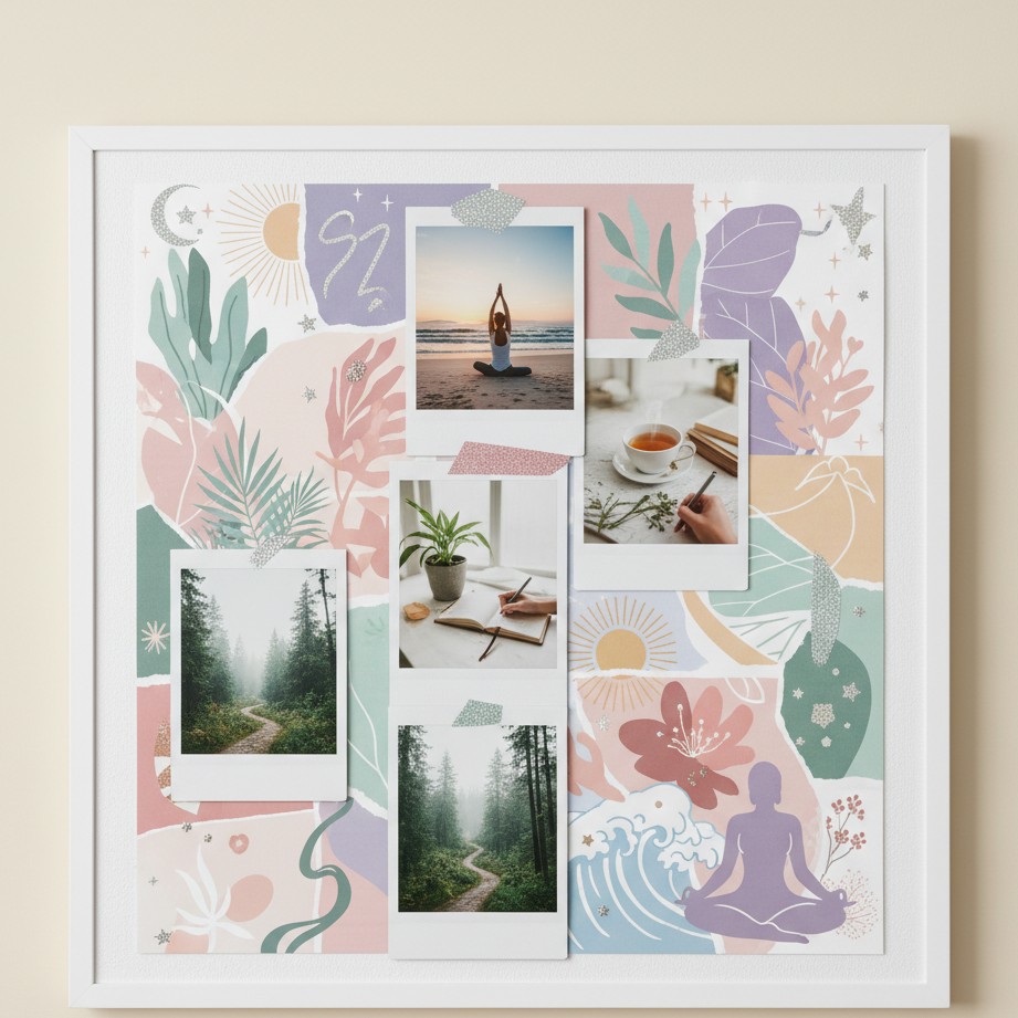 A calming 2026 vision board collage themed around wellness, balance, and mindfulness (no text).
