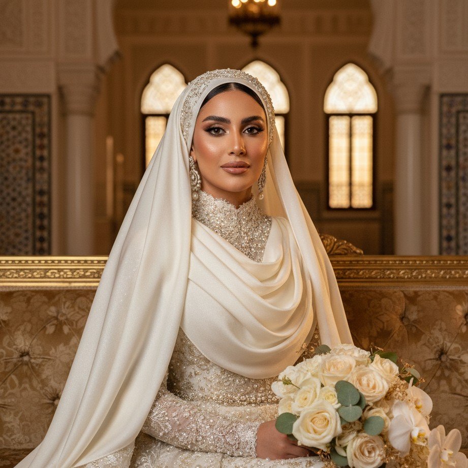 Arabian glamour bridal portrait with modest luxury styling and cinematic lighting.