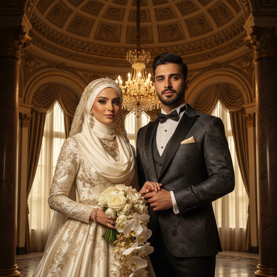 Arabian glamour wedding couple portrait with modest luxury styling and cinematic lighting.
