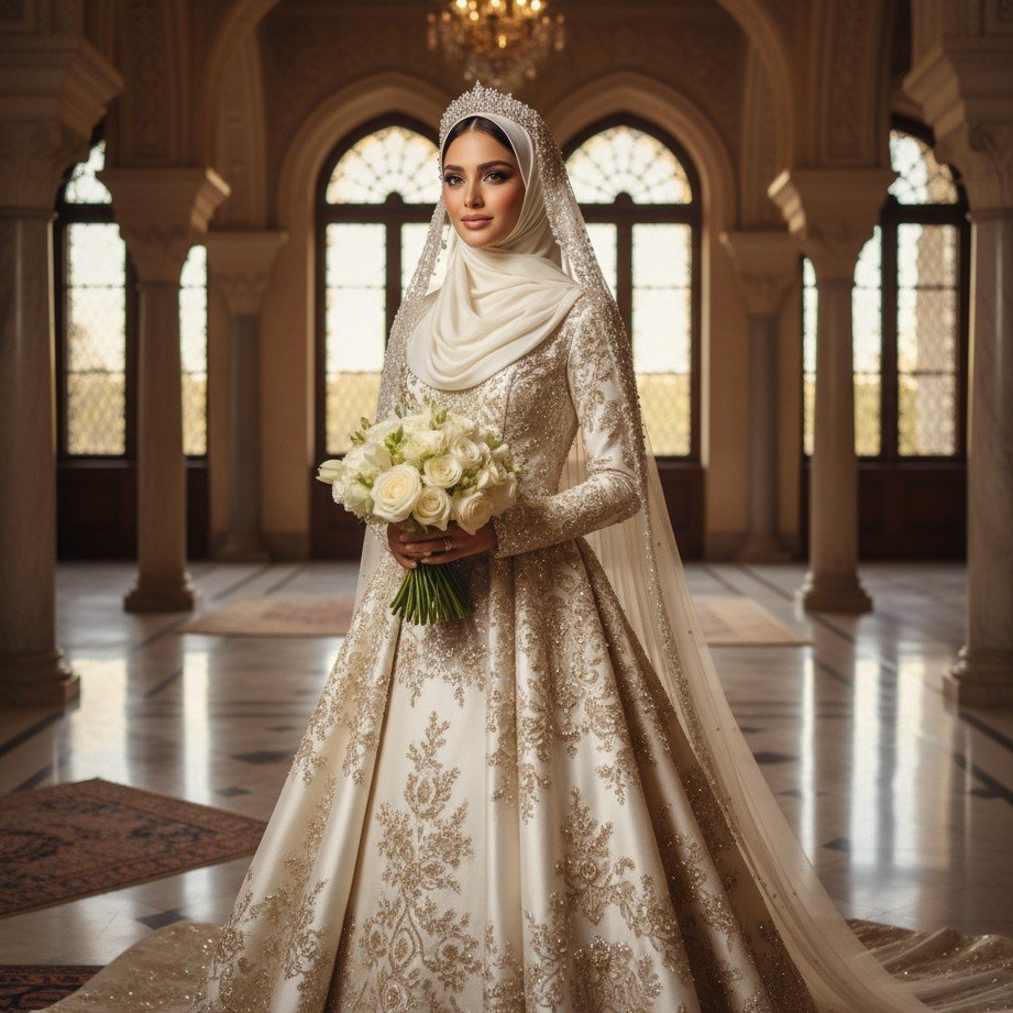 Arabian glamour wedding portrait with modest luxury styling and cinematic lighting.