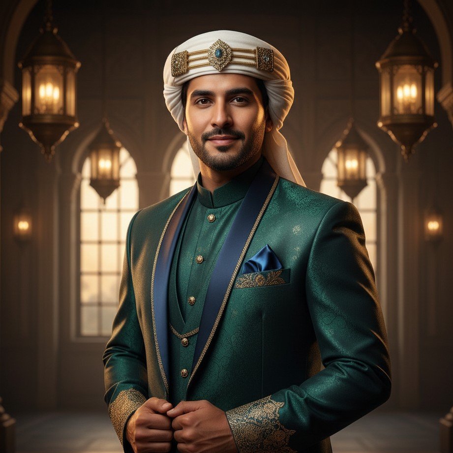 Arabian glamour wedding groom portrait with refined formalwear and cinematic lighting.