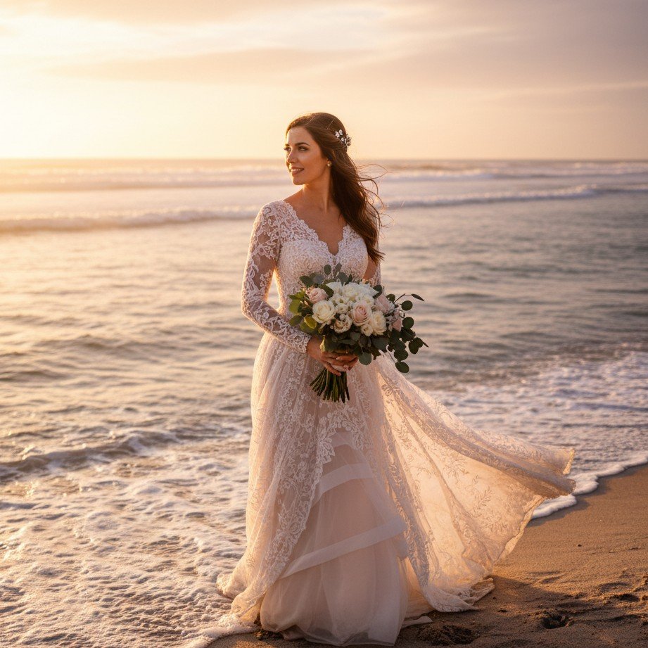 Romantic beach sunset bridal portrait with golden hour light and ocean vibes.