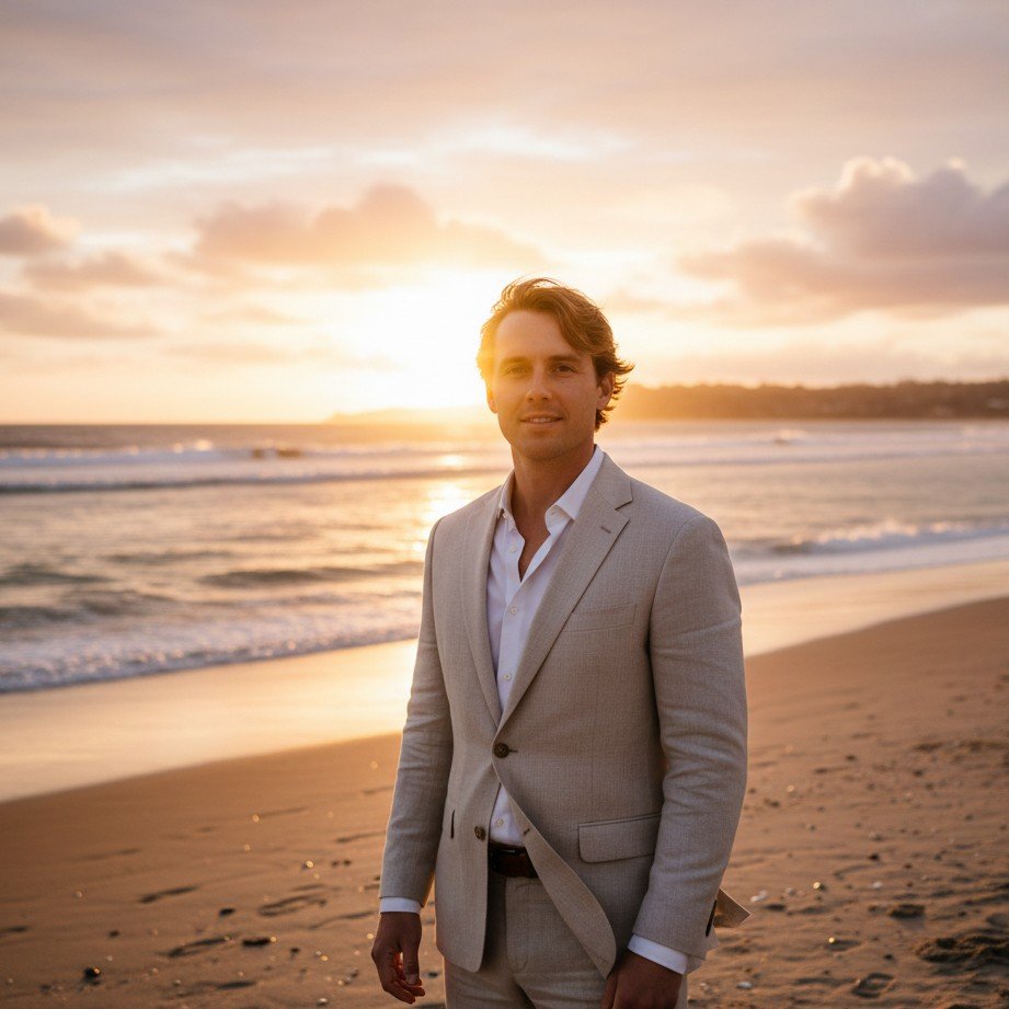 Beach sunset groom portrait with warm golden hour light and relaxed summer styling.