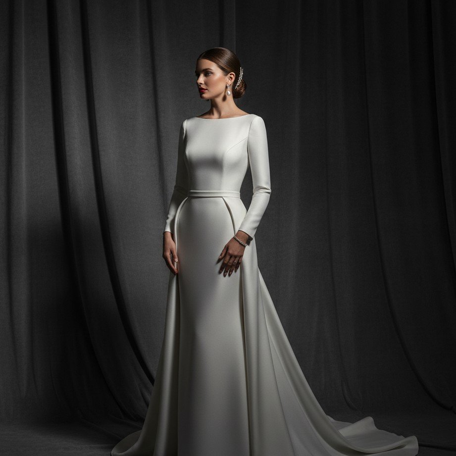 Black tie studio bridal portrait with dramatic clean lighting and premium editorial feel.