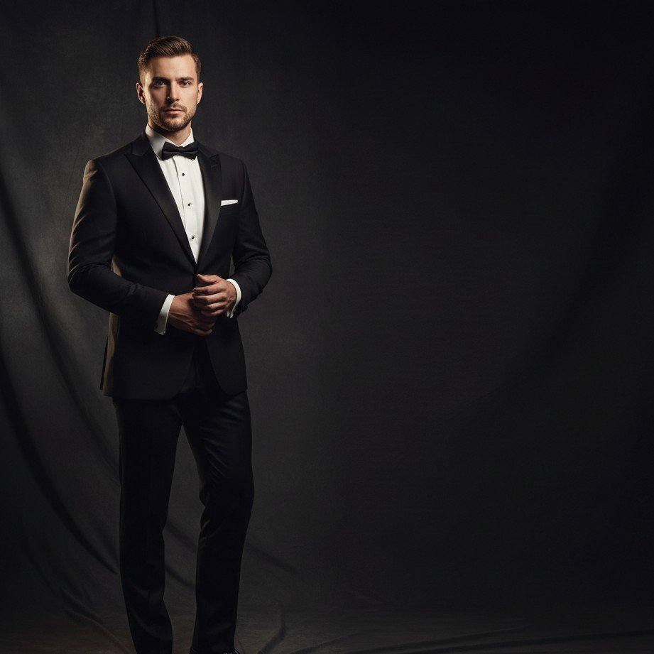 Black tie studio groom portrait with dramatic clean lighting and premium editorial feel.