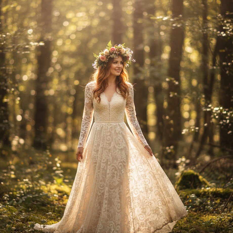 Bohemian outdoor forest bridal portrait with natural light, floral crown styling, and rustic romance.