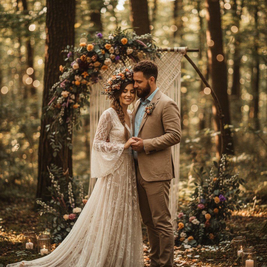 Bohemian outdoor forest wedding portrait with natural light, floral crown styling, and rustic romance.