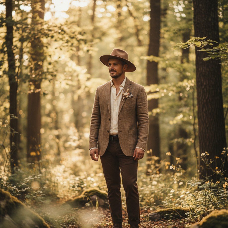 Bohemian outdoor forest groom portrait with natural light and rustic romance.