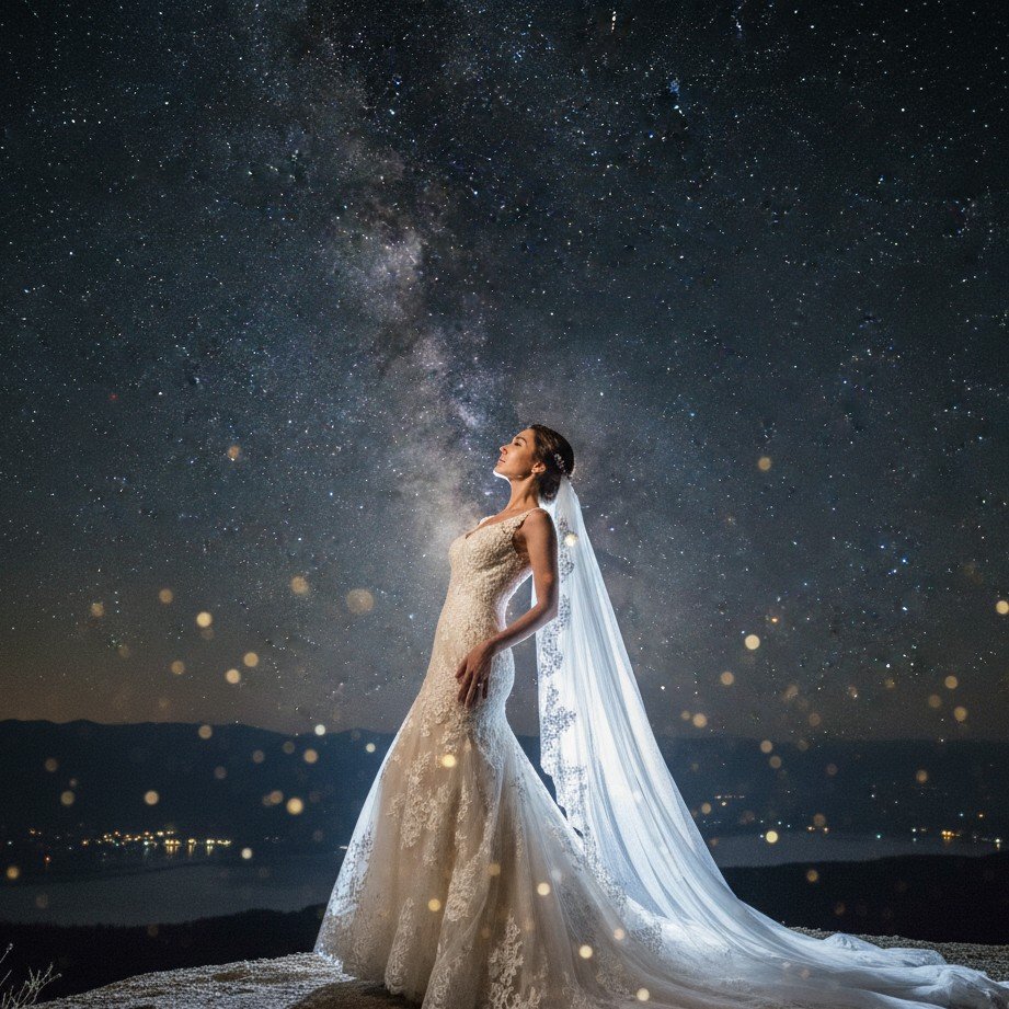 Dreamy celestial starry-night bridal portrait with soft moonlight and sparkling bokeh.