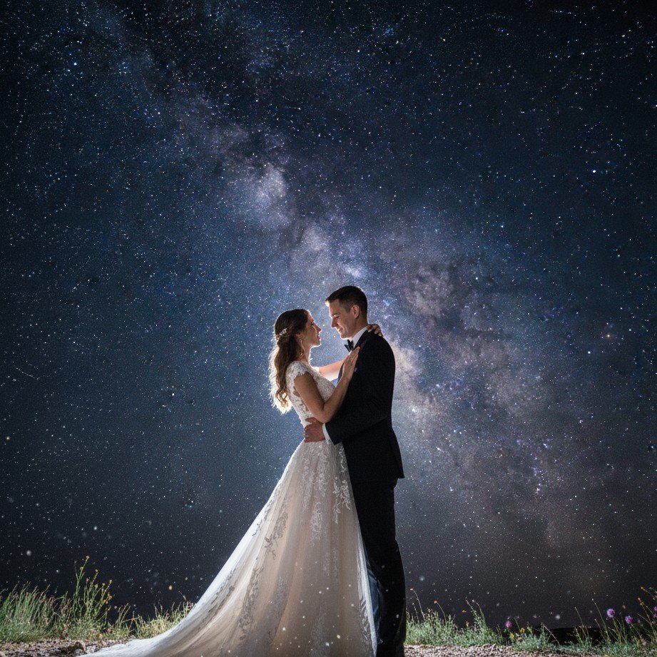 Dreamy celestial starry-night wedding couple portrait with soft moonlight and sparkling bokeh.