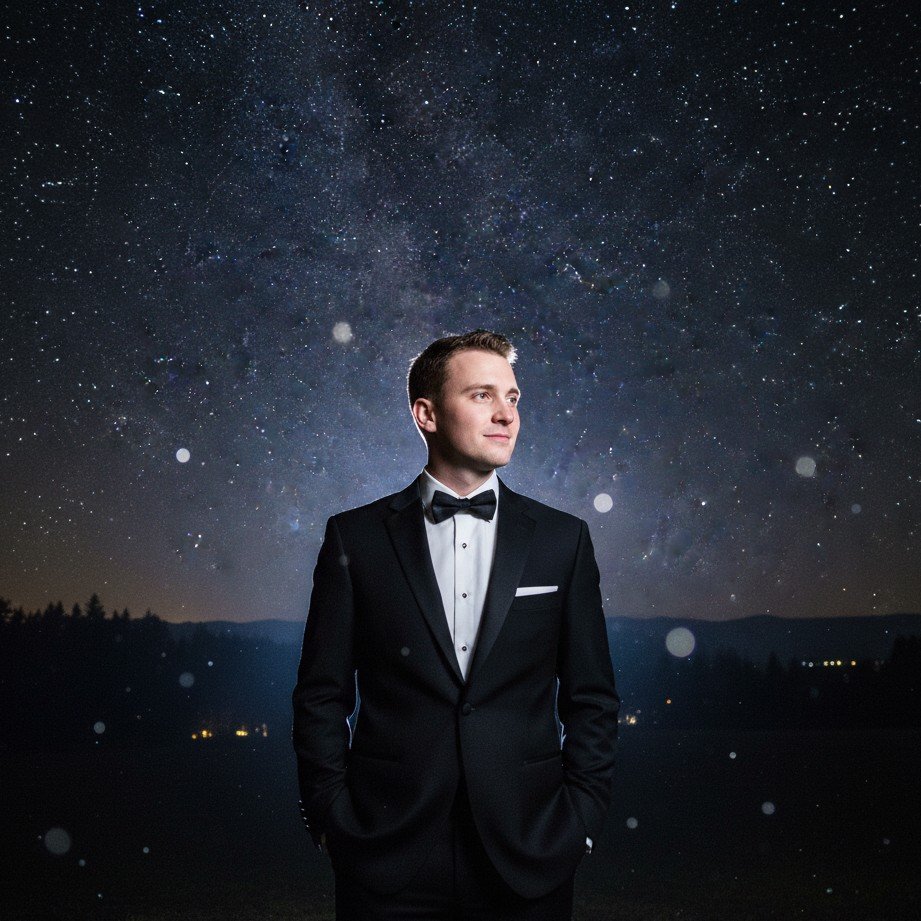 Celestial starry-night groom portrait with soft moonlight and refined classic styling.