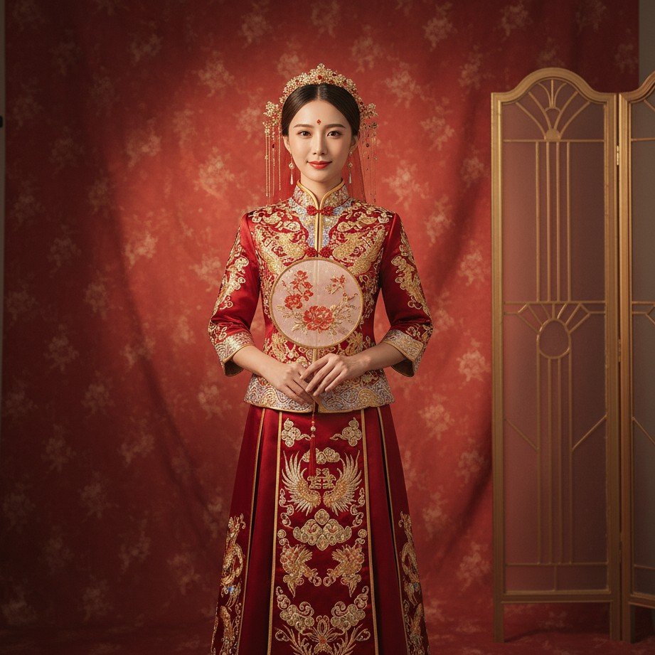 Chinese wedding portrait of the bride inspired by modern and traditional styles, featuring elegant red tones and premium textures.