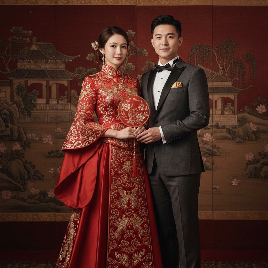Chinese wedding portrait inspired by modern and traditional styles, featuring elegant red tones and premium textures.