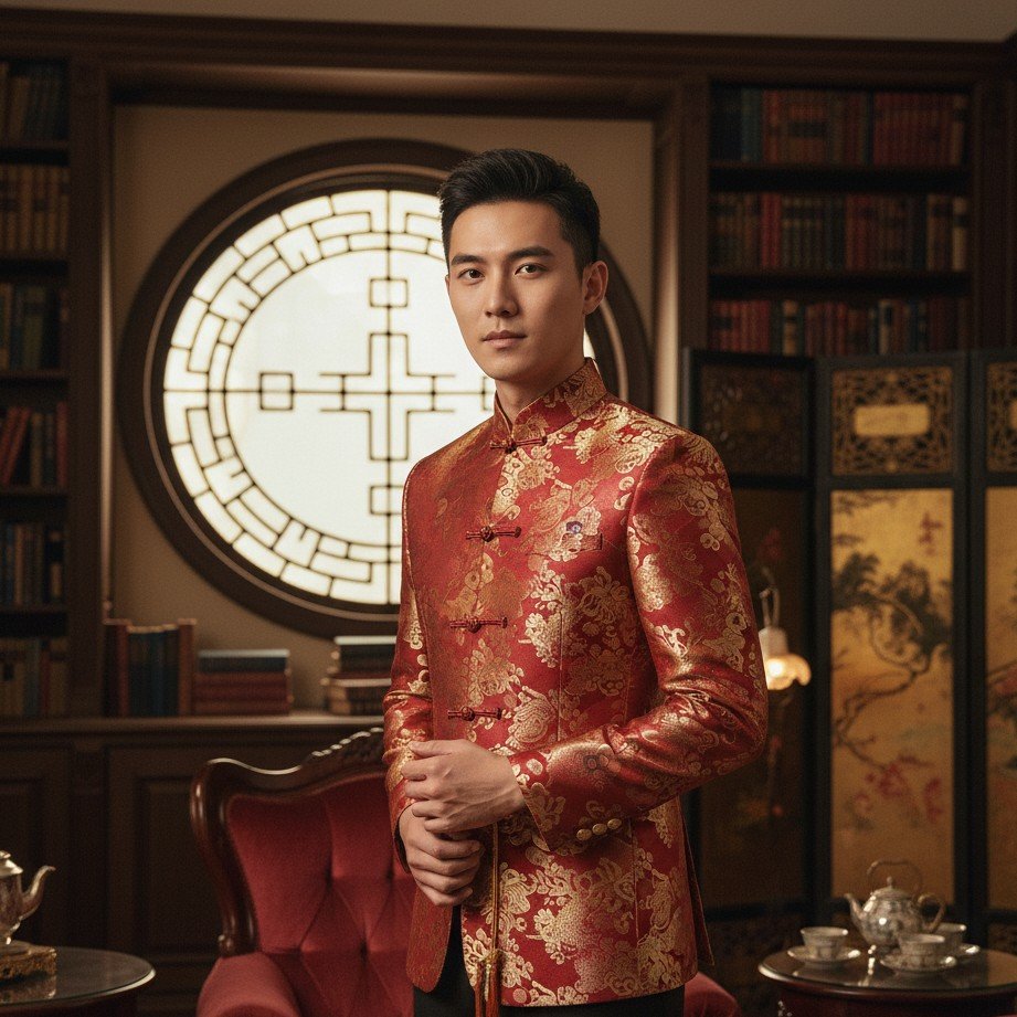 Chinese wedding portrait of the groom with a modern-traditional aesthetic, premium fabrics, and refined lighting.