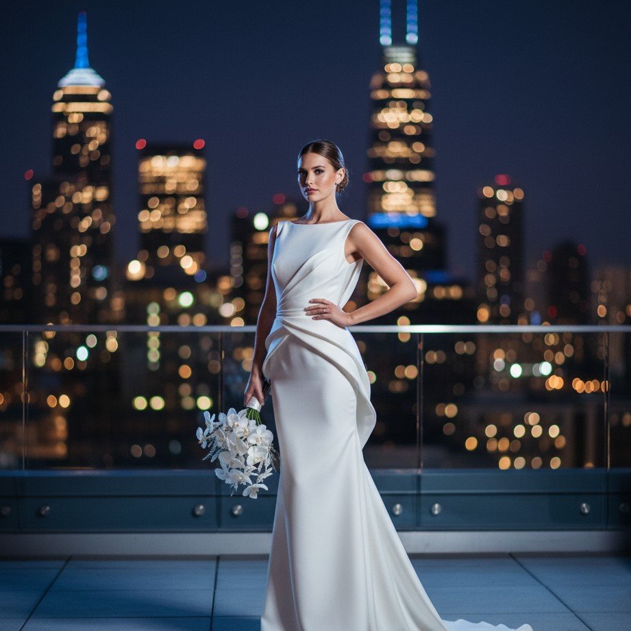 Modern city rooftop night bridal portrait with skyline bokeh and chic editorial styling.