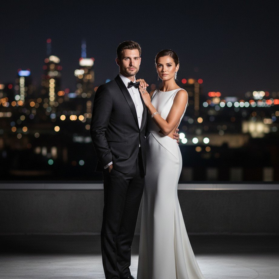 Nighttime rooftop prom couple pose