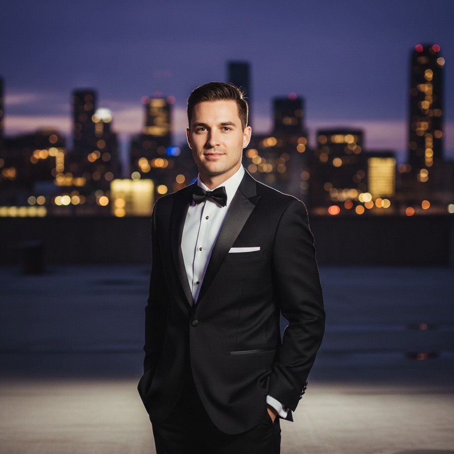 Modern city rooftop night groom portrait with skyline bokeh and tailored styling.