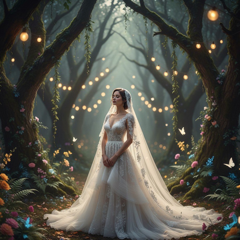 Enchanted forest bridal portrait with fairy lights, soft glow, and dreamy atmosphere.