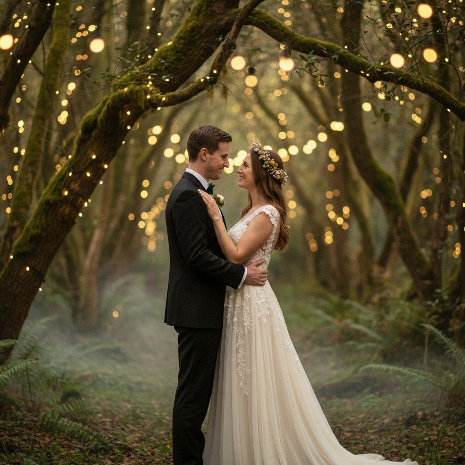 Enchanted forest wedding couple portrait with fairy lights, soft glow, and dreamy atmosphere.