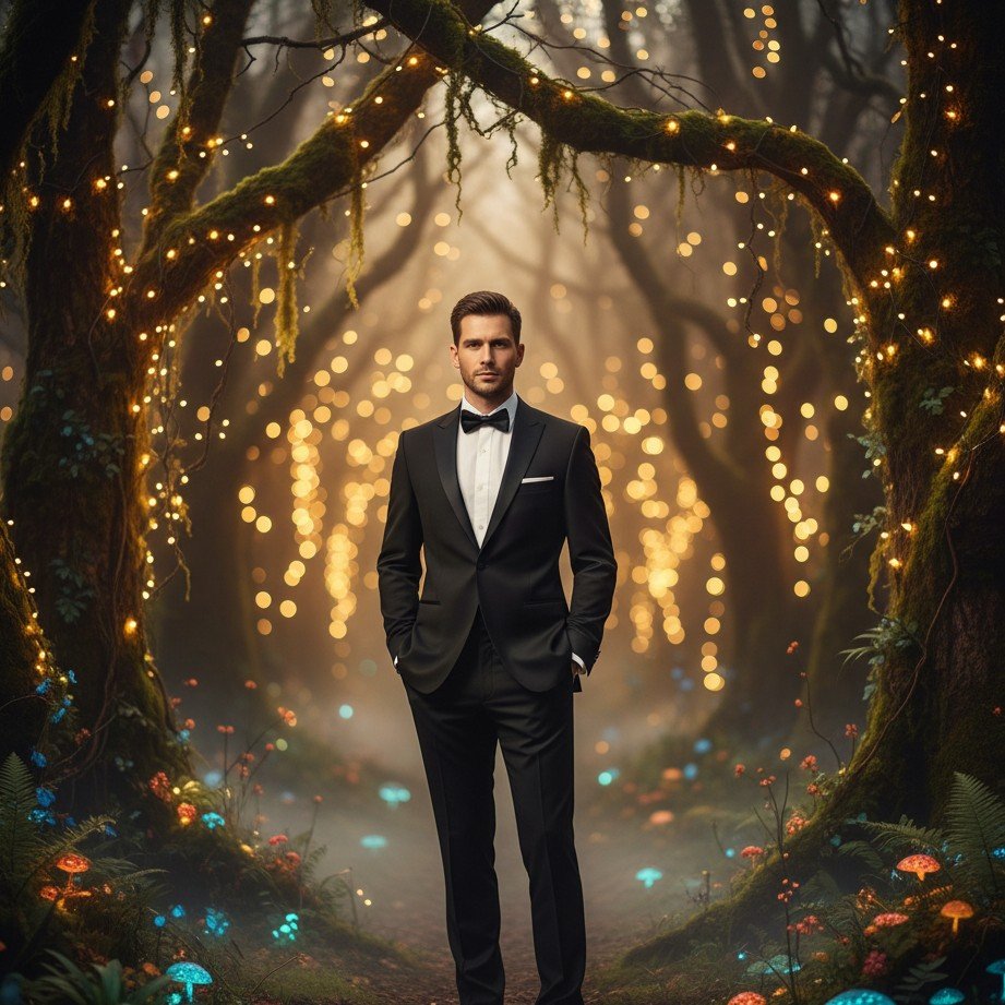 Enchanted forest groom portrait with fairy lights, soft glow, and refined classic styling.