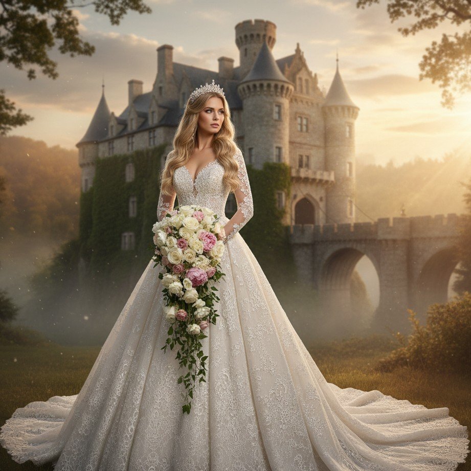 Fairytale castle bridal portrait with storybook romance and soft cinematic light.