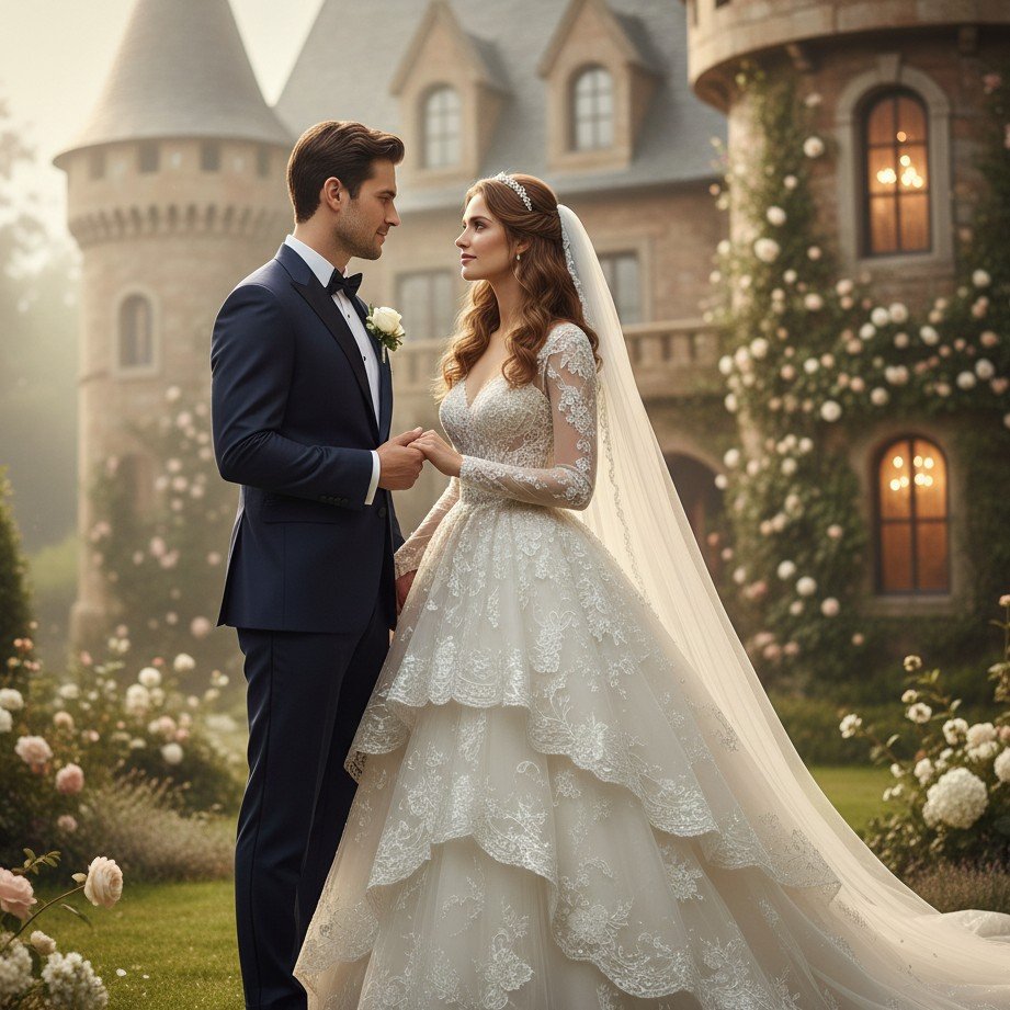 Fairytale castle wedding couple portrait with storybook romance and soft cinematic light.