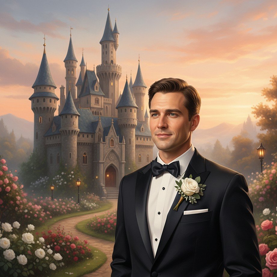Fairytale castle groom portrait with storybook romance and soft cinematic light.