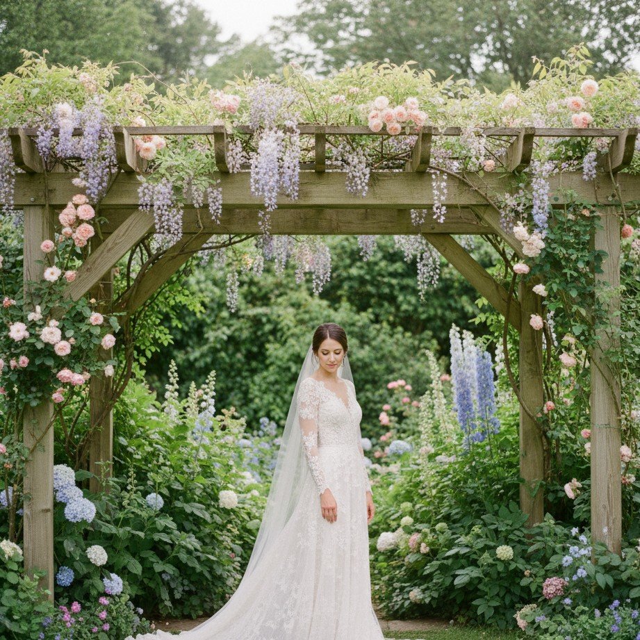 Romantic garden pergola bridal portrait with soft natural light and floral details.