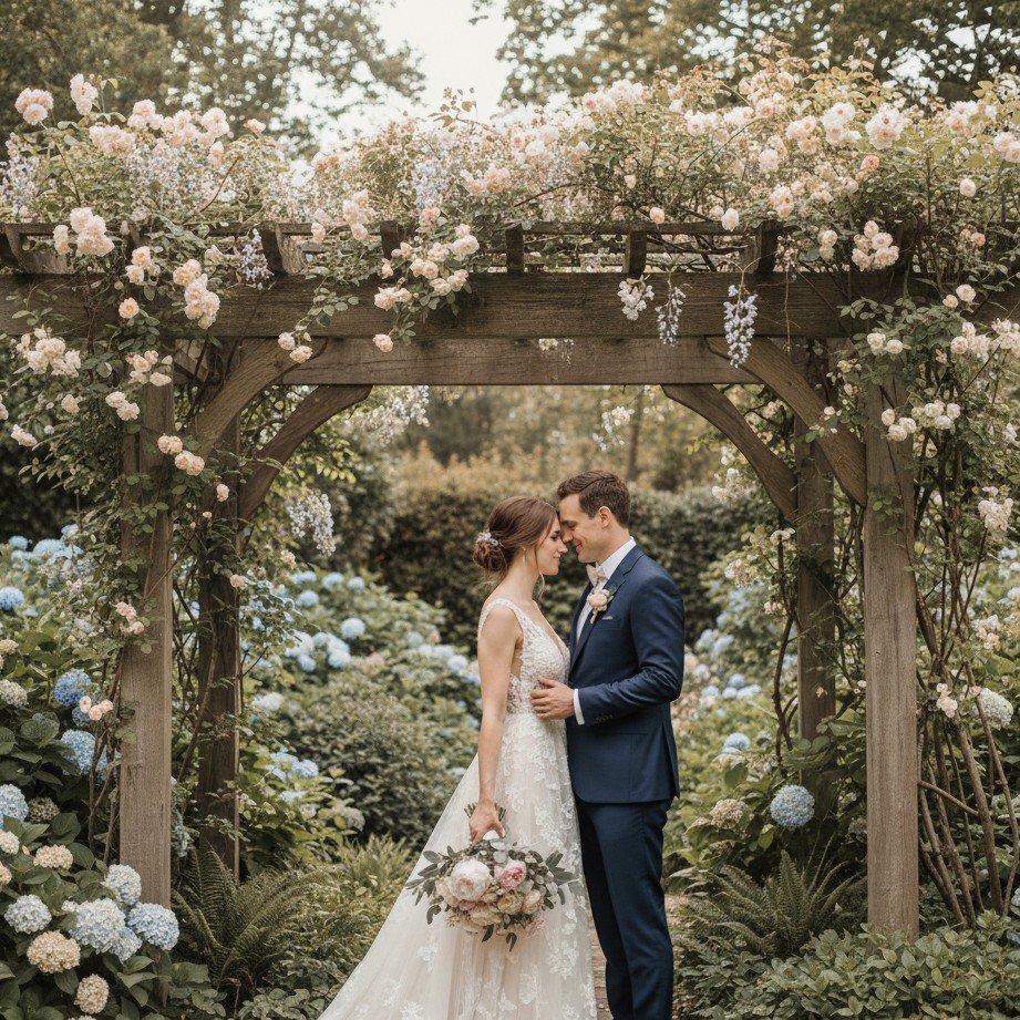 Romantic garden pergola wedding couple portrait with soft natural light and floral details.