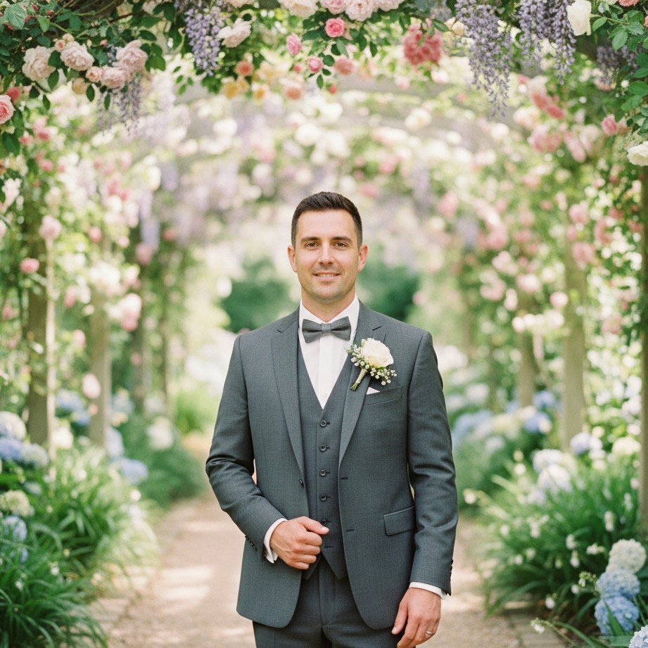 Garden pergola groom portrait with soft natural light and elegant outdoor styling.
