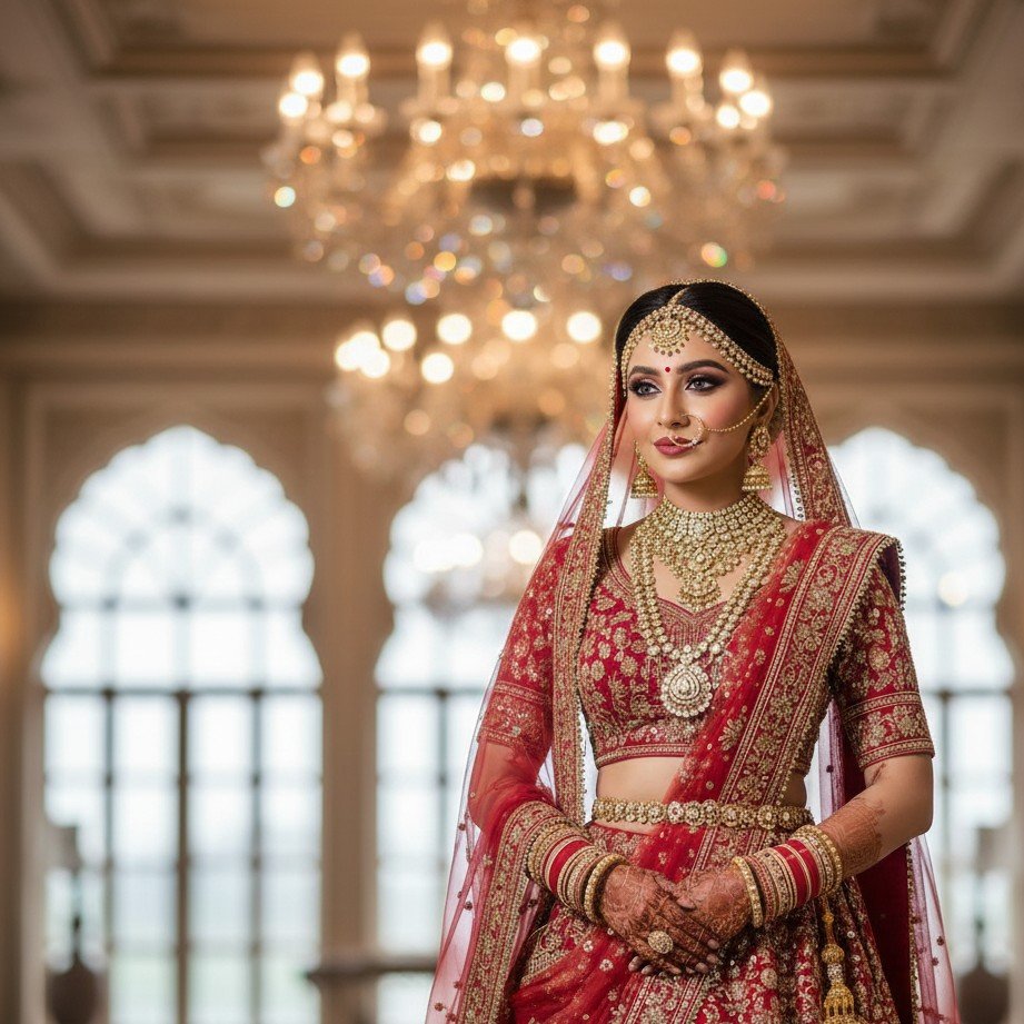 Indian bridal luxury portrait with ornate lehenga, rich jewelry, and vibrant cinematic colors.
