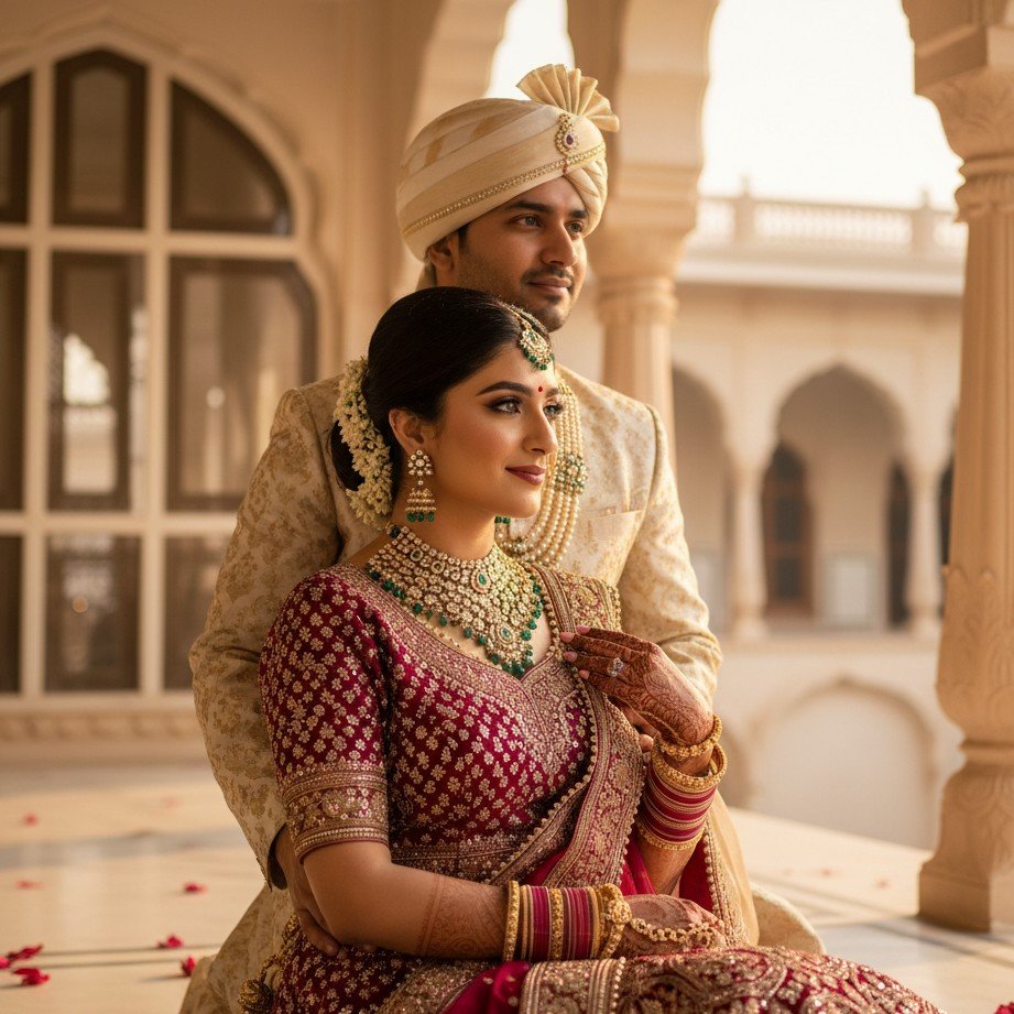 Indian bridal luxury couple portrait with ornate outfits, rich jewelry, and vibrant cinematic colors.