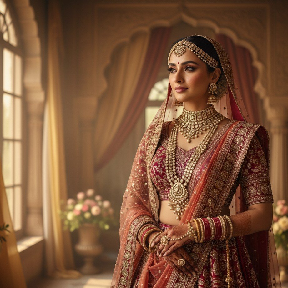 Indian bridal luxury portrait with ornate lehenga, rich jewelry, and vibrant cinematic colors.